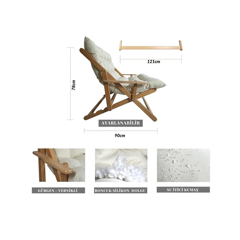 Bysay Ahşap Katlanabilir Taşınır Puf Minderli Ikili Kollu Şezlong Ikili Koltuk Krem
