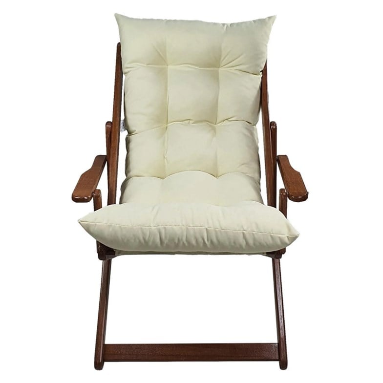 Bysay Ahşap Katlanabilir Taşınır Puf Minderli Kollu Şezlong. Plaj, Bahçe, Balkon Için (Ceviz-Krem) SMMK27102201