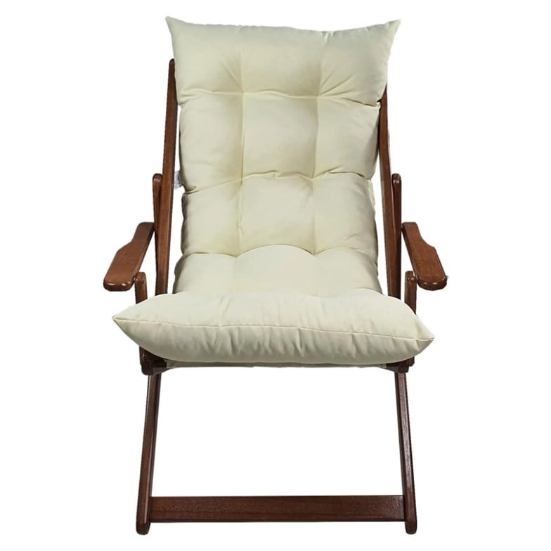 Bysay Ahşap Katlanabilir Taşınır Puf Minderli Kollu Şezlong. Plaj, Bahçe Için 3 Lü Set (Ceviz-Krem) SMMK27102202