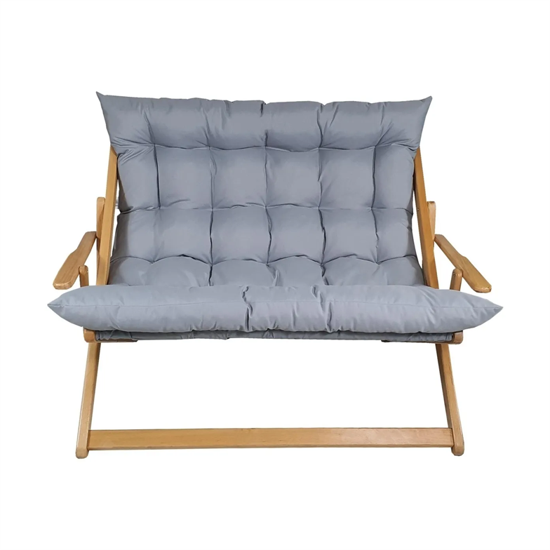 Bysay Ahşap Katlanabilir Taşınır Puf Minderli Ikili Kollu Şezlong Ikili Koltuk Gri