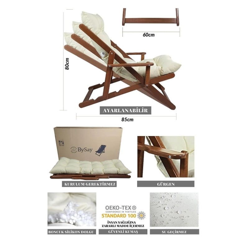 Bysay Ahşap Katlanabilir Taşınır Puf Minderli Kollu Şezlong. Plaj, Bahçe, Balkon Için (Ceviz-Krem) SMMK27102201