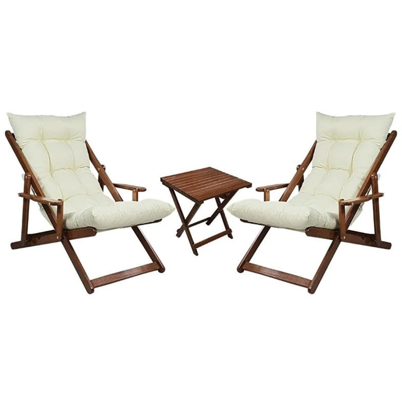 Bysay Ahşap Katlanabilir Taşınır Puf Minderli Kollu Şezlong. Plaj, Bahçe Için 3 Lü Set (Ceviz-Krem) SMMK27102202