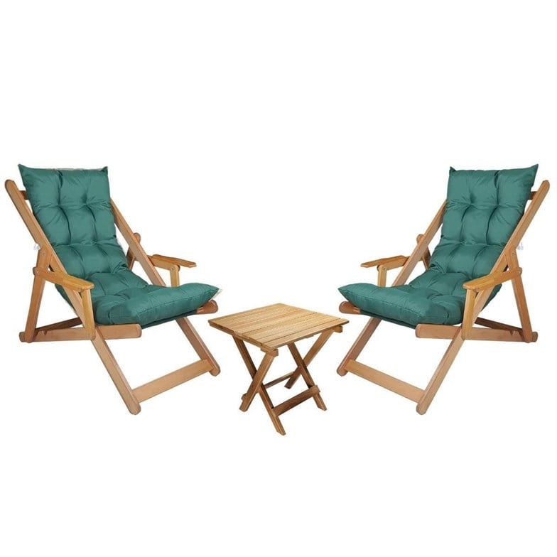 Bysay Ahşap Katlanabilir Taşınır Puf Minderli Şezlong Plaj Bahçe Teras Balkon İçin 3lü Set Haki