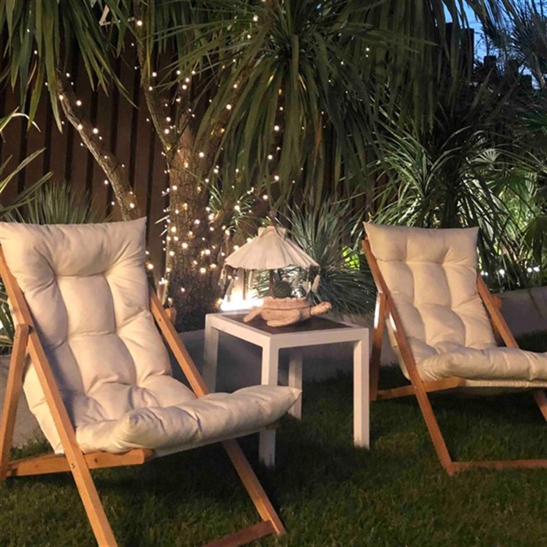 Bysay Ahşap Katlanabilir Taşınır Puf Minderli Şezlong Plaj Bahçe Teras Balkon İçin 3lü Set Krem