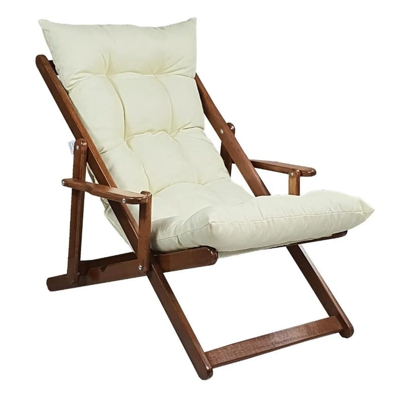 Bysay Ahşap Katlanabilir Taşınır Puf Minderli Kollu Şezlong. Plaj, Bahçe Için 3 Lü Set (Ceviz-Krem) SMMK27102202