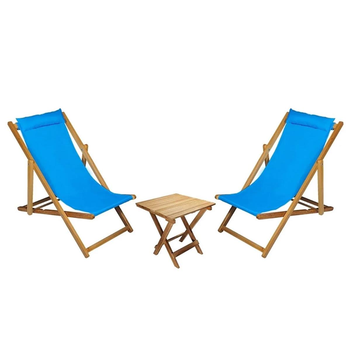 Bysay Ahşap Katlanabilir Taşınır Şezlong. Plaj, Bahçe, Teras, Balkon Şezlong 3 Lü Set Açık Mavi