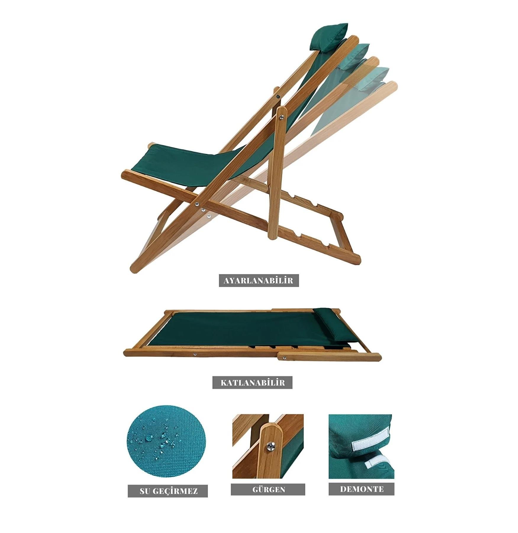 Bysay Ahşap Katlanabilir Taşınır Şezlong. Plaj, Bahçe, Teras, Balkon Şezlong 3 Lü Set Kırmızı