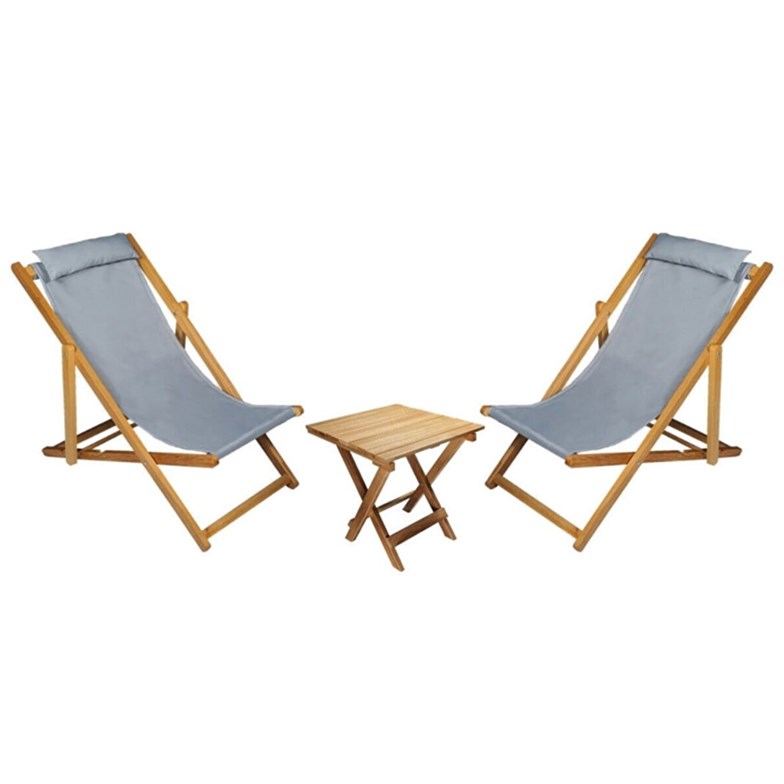 Bysay Ahşap Katlanabilir Taşınır Şezlong Plaj Bahçe Teras Balkon Şezlongu 3'lü Set Gri 