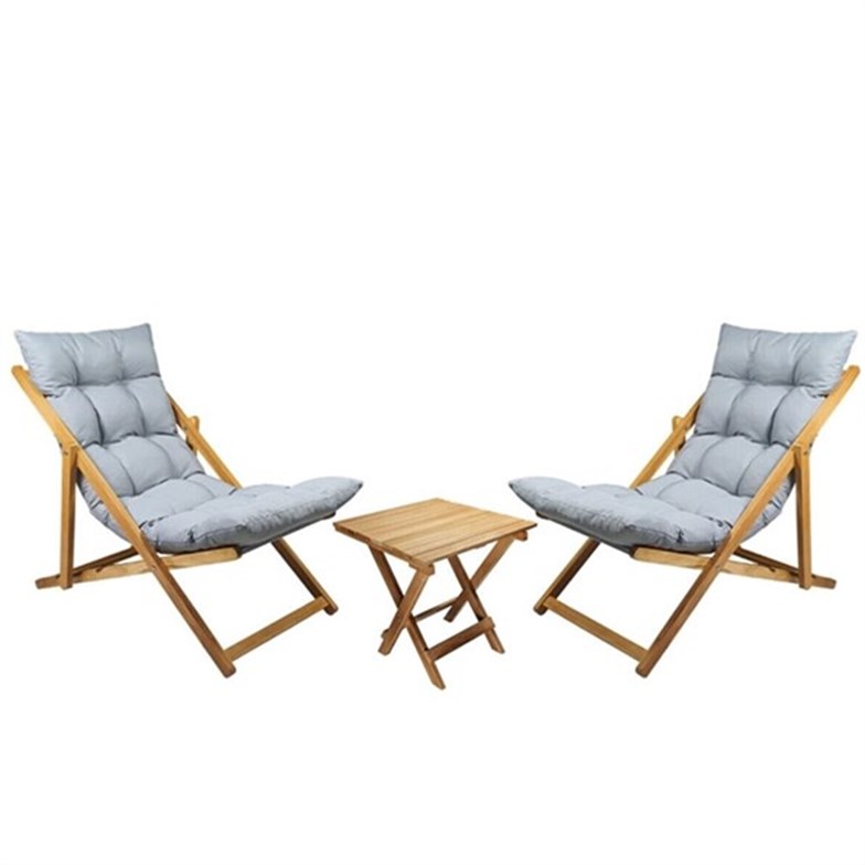 Bysay Ahşap Katlanır Taşınır Puf Minderli Şezlong Plaj Bahçe Tera Balkon İçin 3'lü Set Gri