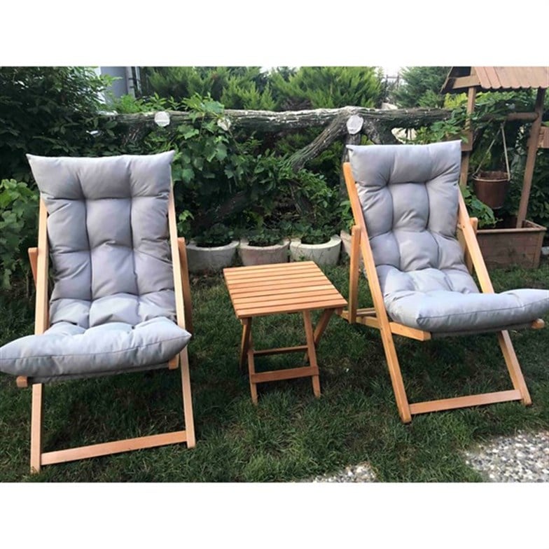 Bysay Ahşap Katlanır Taşınır Puf Minderli Şezlong Plaj Bahçe Tera Balkon İçin 3'lü Set Gri