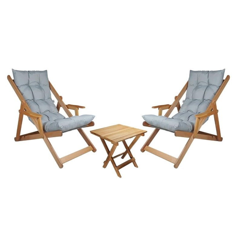 Bysay Ahşap Katlanır Taşınır Puf Minderli Şezlong Plaj Bahçe Tera Balkon İçin 3'lü Set Gri