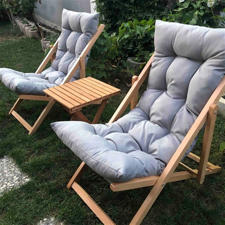 Bysay Ahşap Katlanır Taşınır Puf Minderli Şezlong Plaj Bahçe Tera Balkon İçin 3'lü Set Gri