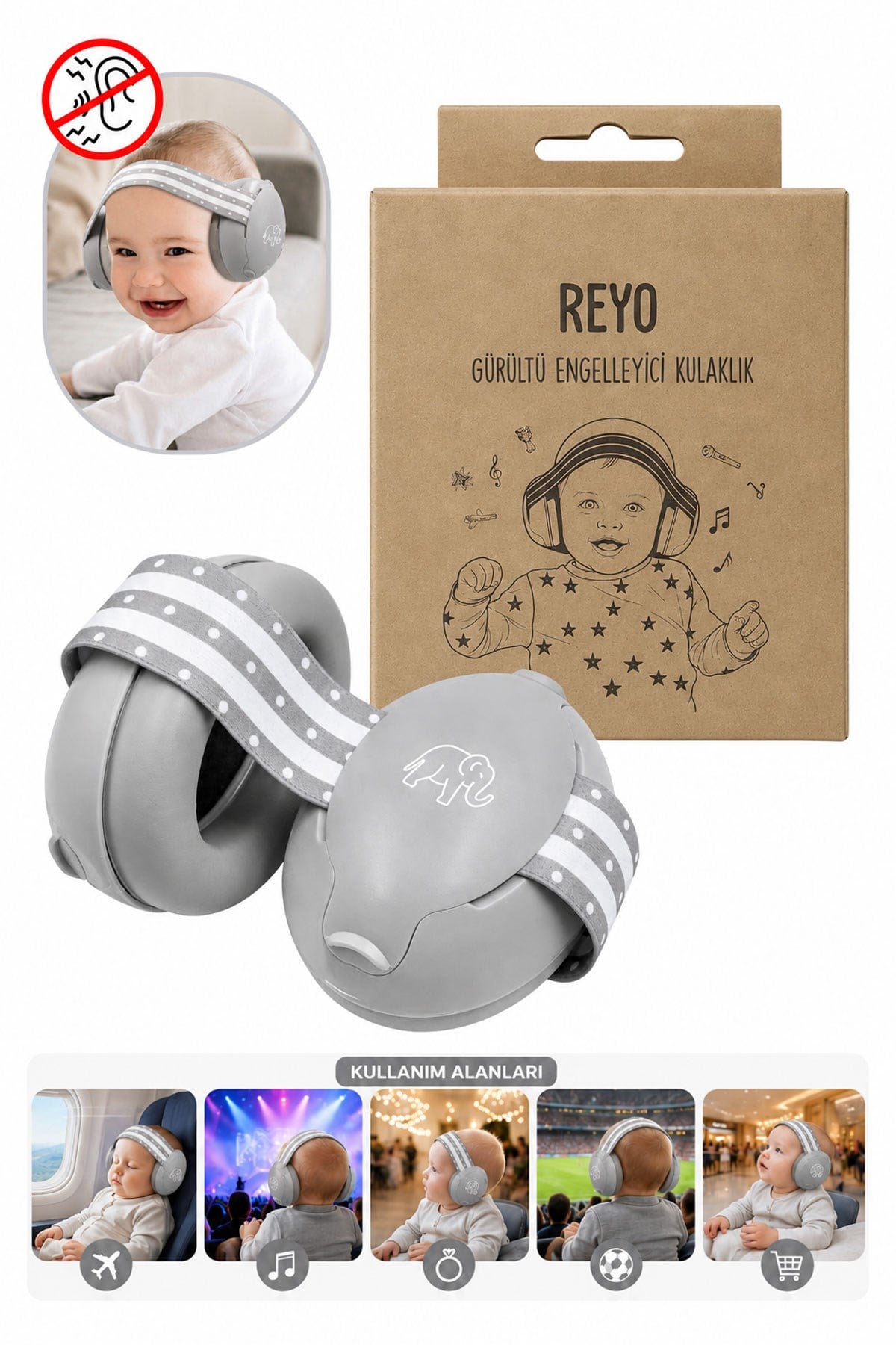 Reyo Bebek Gürültü Önleyici Kulaklık, İşitme Koruyucu Bebek Kulaklığı, Konser, Uçak, Seyahat, Düğün ve Maç İçin Gürültü Azaltıcı Bebek Kulaklığı 0-4 Yaş Gri