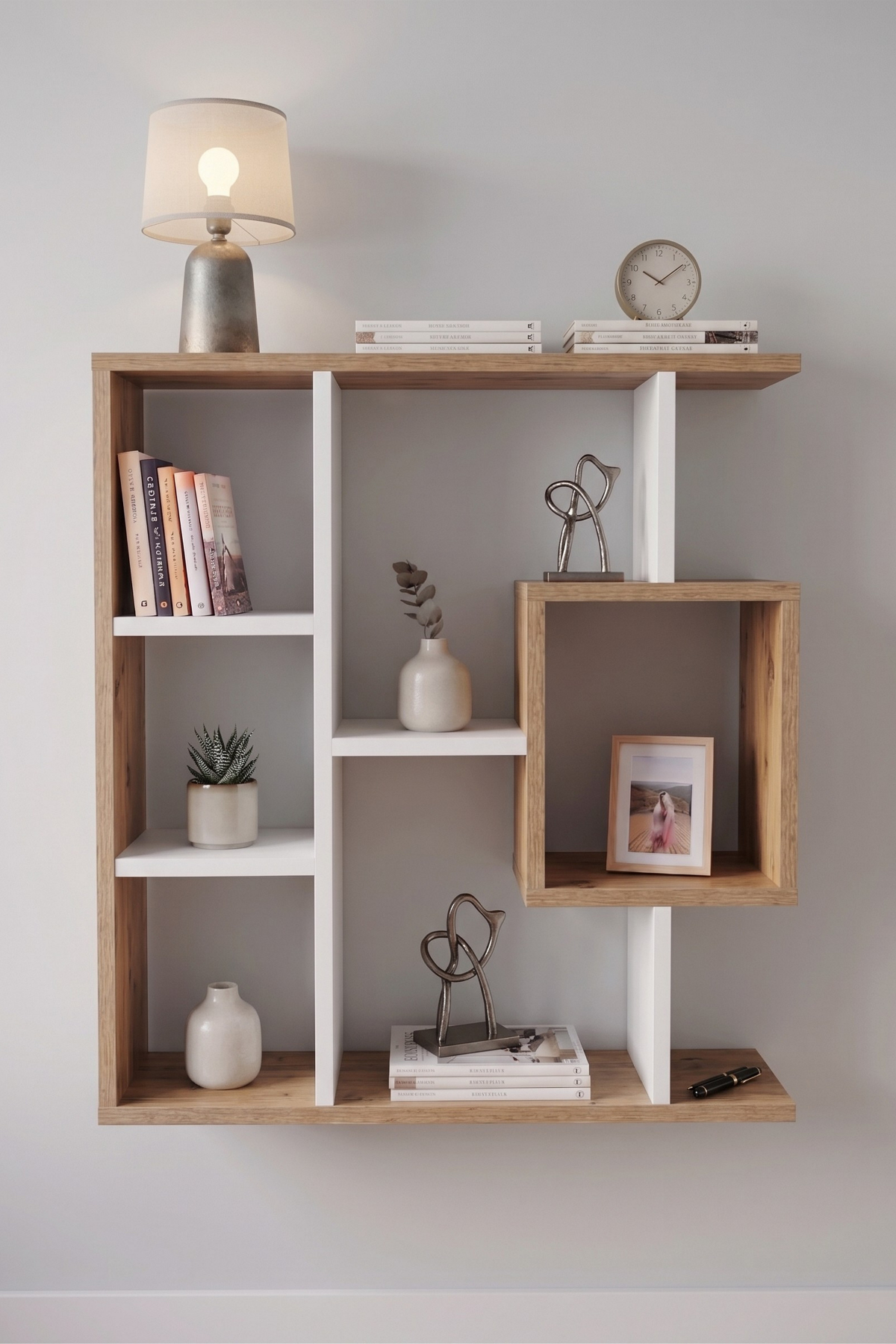Enda Home Yegane Duvar Rafı, Duvar Kitaplığı, Dekoratif Kitaplık, Modern Kitaplık, Zeminde veya Duvarda Kullanıma Uygun Beyaz - Çam