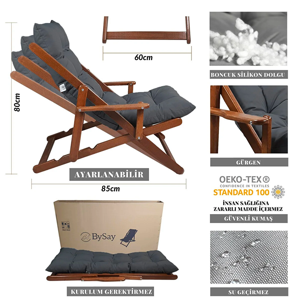 Bysay Ahşap Katlanabilir Taşınır Puf Minderli Kollu Şezlong. Plaj, Bahçe, Için 3 Lü Set (Ceviz-Antrasit)