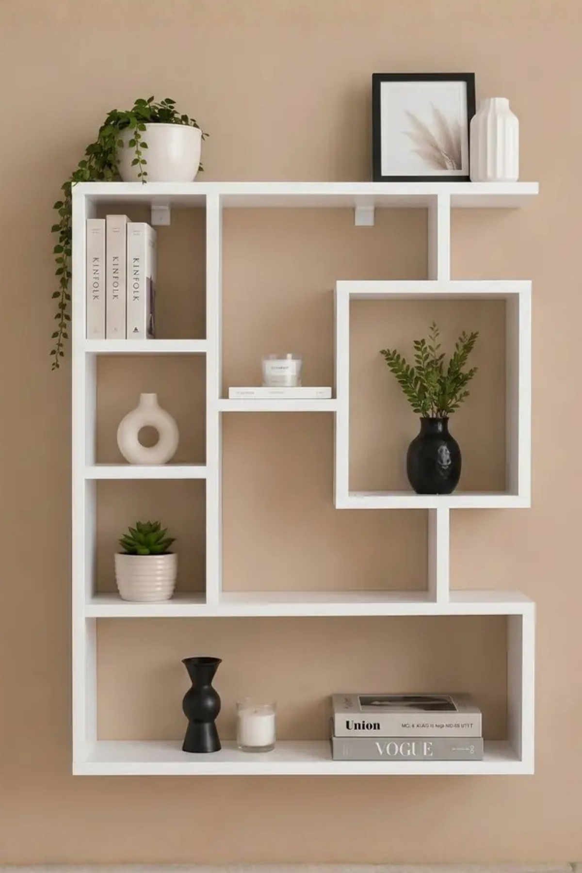 Enda Home Bigane Büyük Dekoratif Duvar Rafı 70,9 × 93,6 cm, Asimetrik Çok Bölmeli Duvara Monte Raf - Mat Beyaz