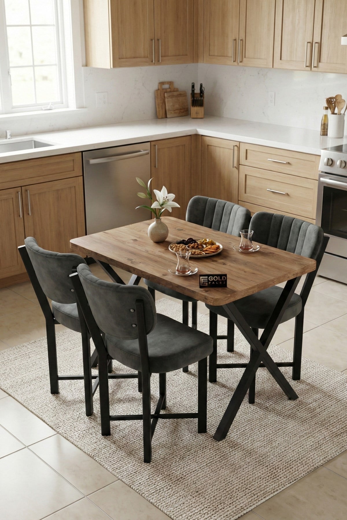 Reyo Falez Elma 110x70 cm Masa Takımı 4 Sandalyeli Modern Mutfak Balkon Kafe Yemek Masası Seti Atlantik Çam - Antrasit 9885
