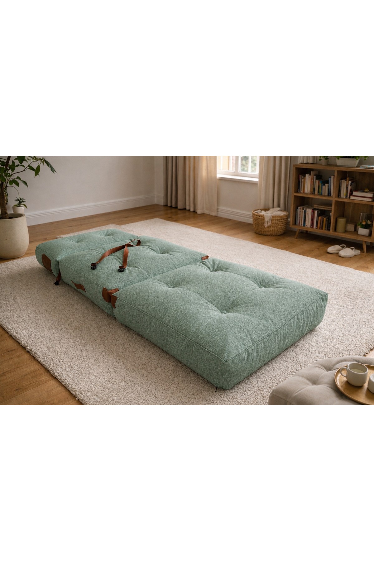 Pufymax Comfy Yeni Nesil Bohem Tekli Koltuk Yatak Olabilen Katlanır Berjer & Modüler Yer Yatağı 75x75x 85 cm Keten Yeşil