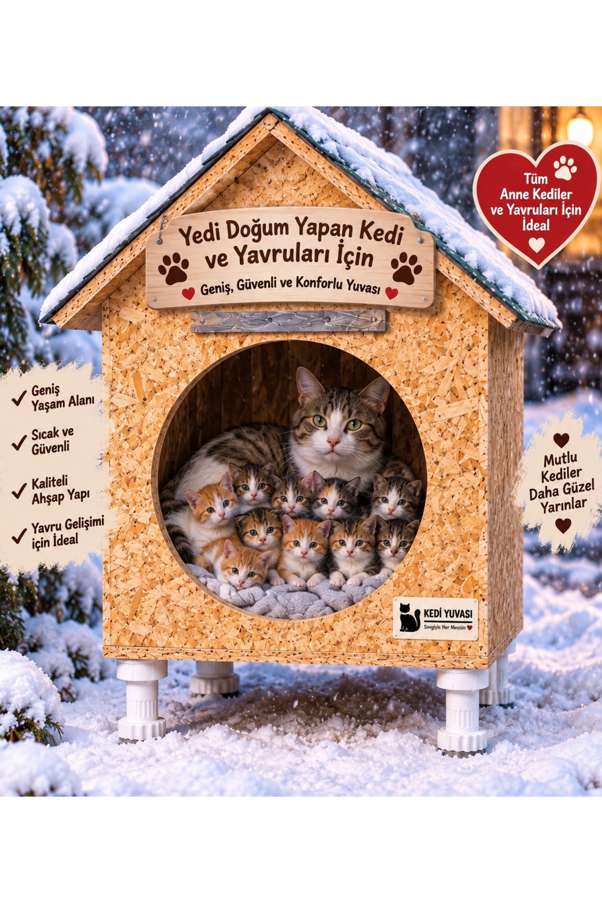 Narım Doğum Yapan Anne Kedi ve Yavruları için Kedi Barınağı, Kedi Doğum Evi, Su Yalıtımlı Rüzgar ve Soğuğa Dayanıklı Kedi Evi