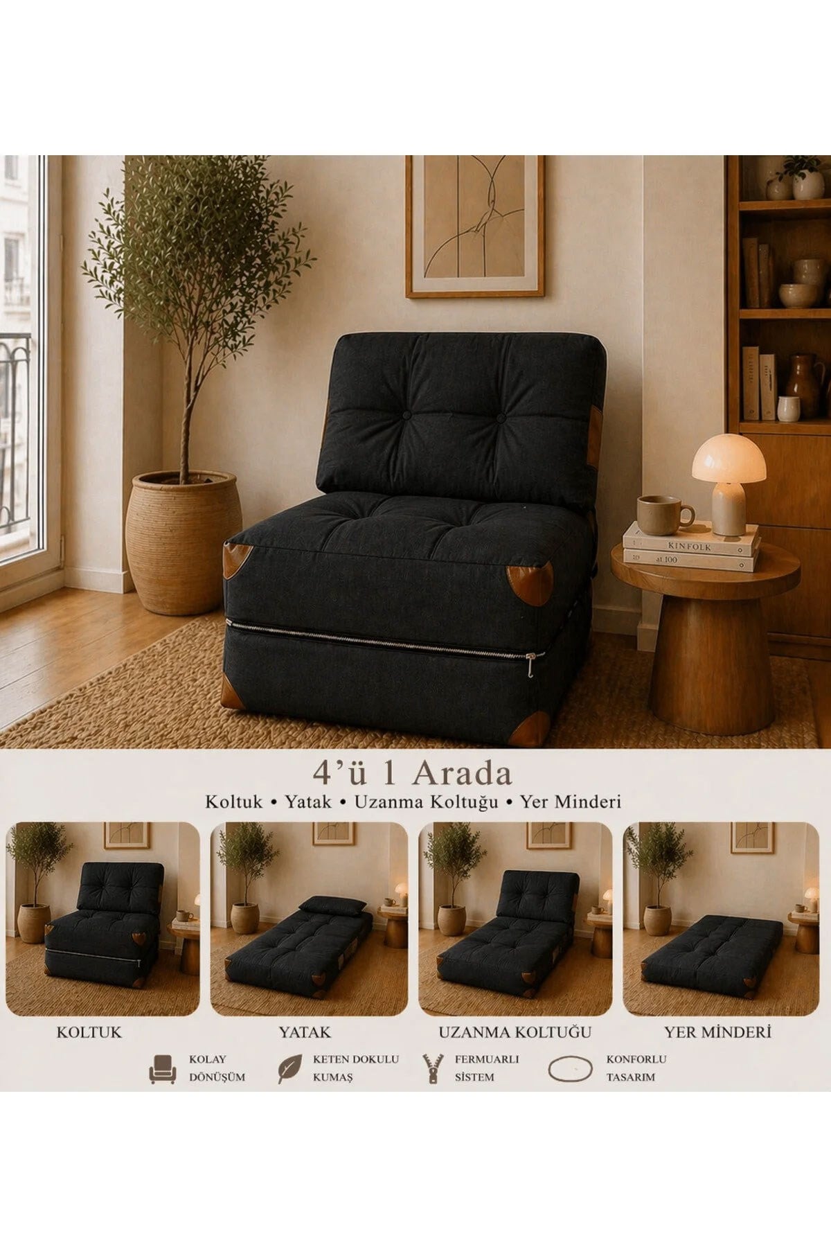 Pufymax Comfy Yeni Nesil Bohem Tekli Koltuk Yatak Olabilen Katlanır Berjer & Modüler Yer Yatağı 75x75x 85 cm Keten Siyah
