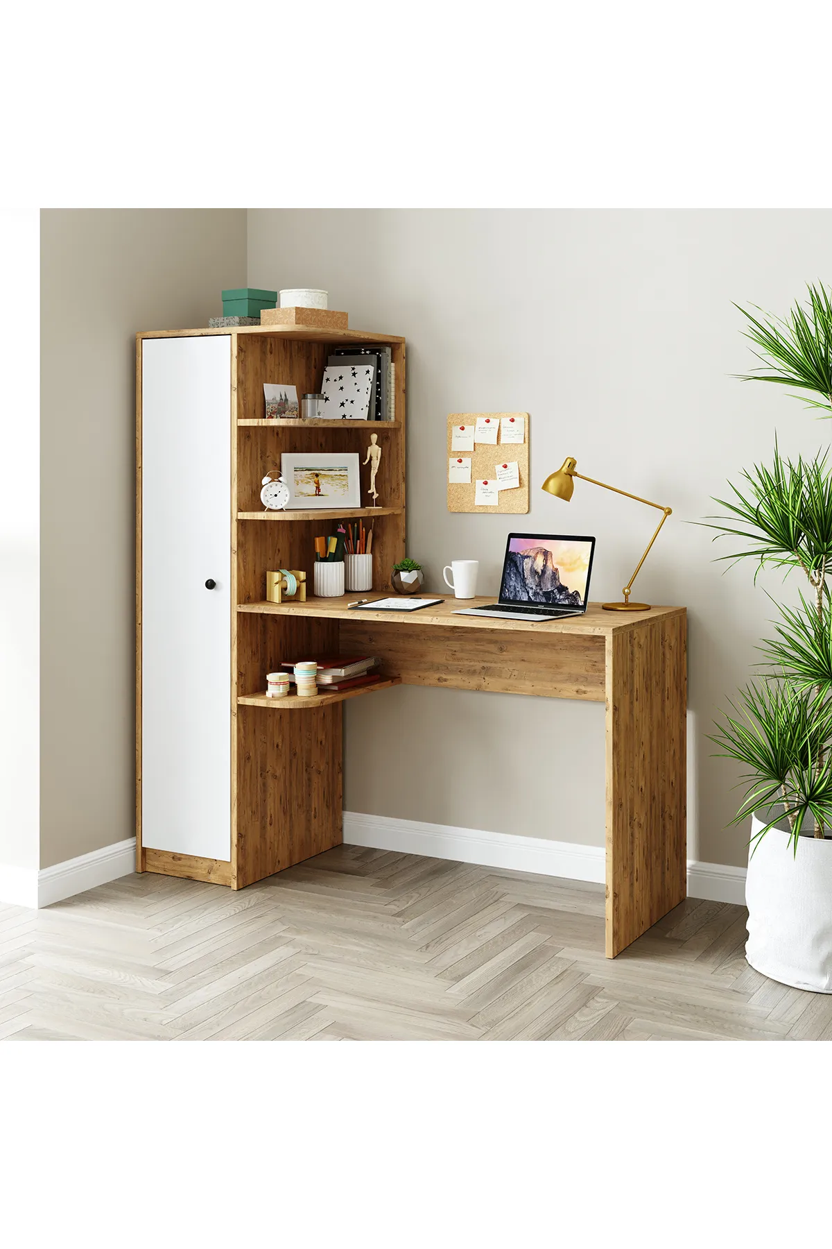 Roomart Roma Raflı Çalışma Masası, Çalışma Ofis Masası Sol Dolaplı Atlantik Çam