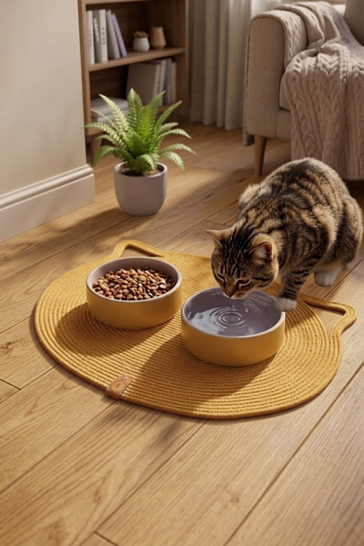 Reyo Pet El Yapımı Kedi Kulaklı Tırmalama Matı, Kedi ve Köpek Mama Matı %100 Pamuk Sarı