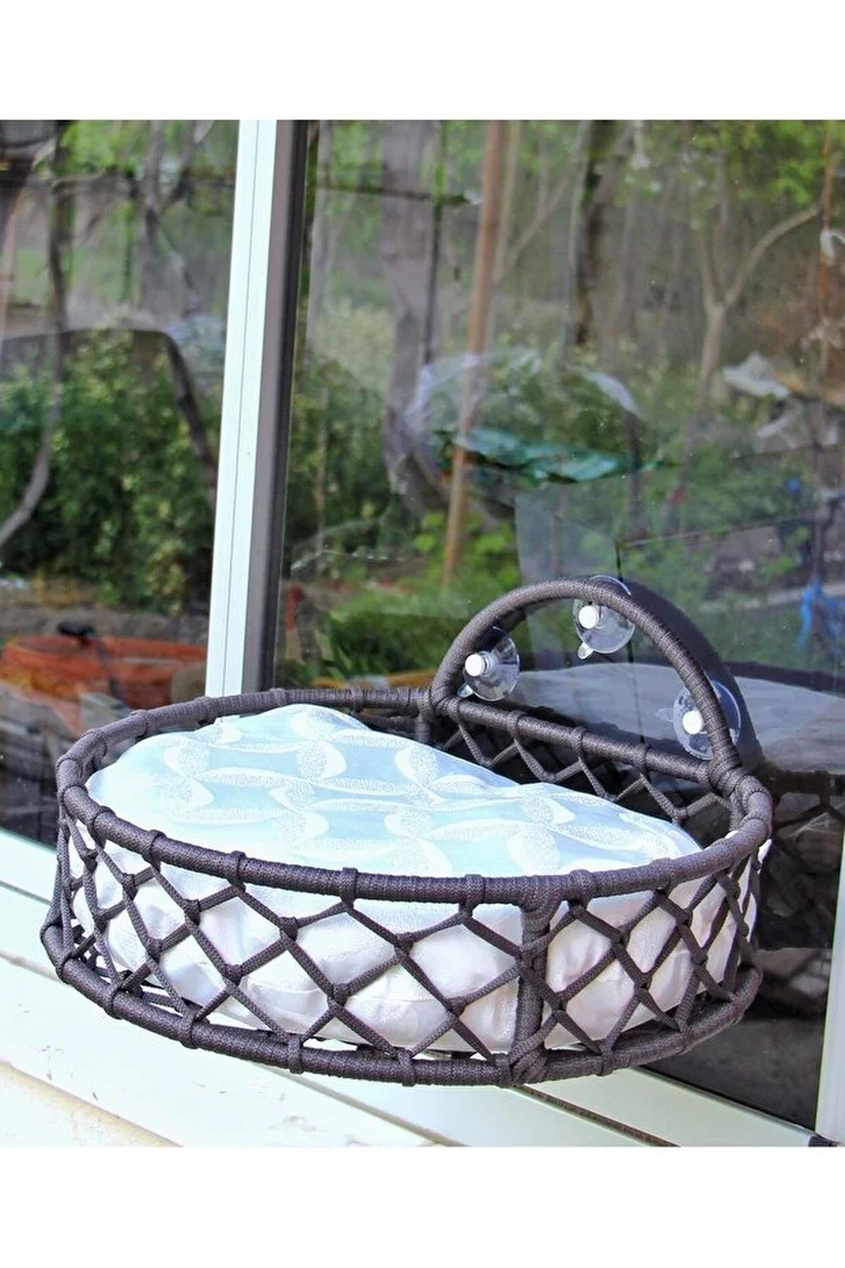 Tasaryum Kedi ve Köpek El Örgüsü Vantuzlu Cam Yatağı Hamak Antrasit