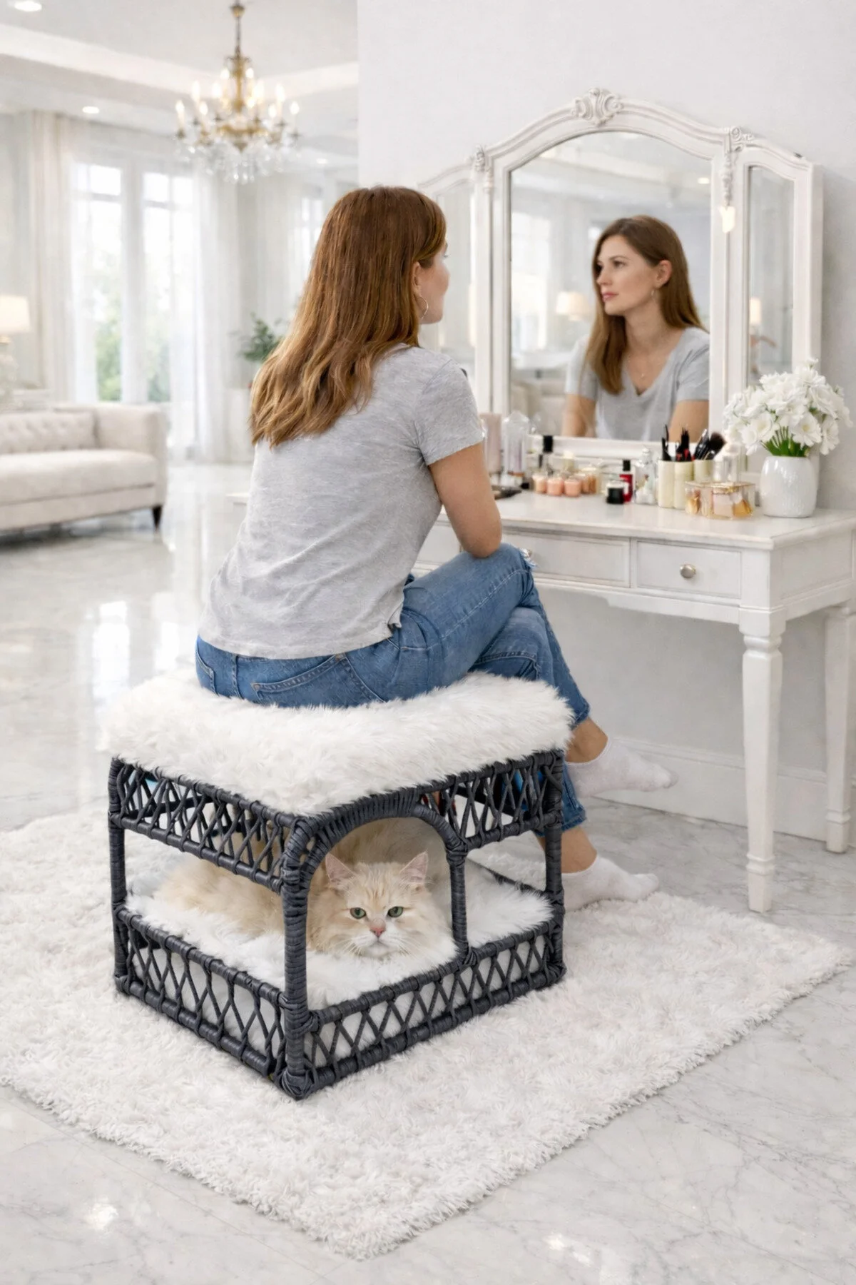 Tasaryum Peluş Yuvarlak Puf - 2'si 1 Arada Makyaj Taburesi ve Konforlu Kedi Yatağı, Kedi Ranzası - Füme