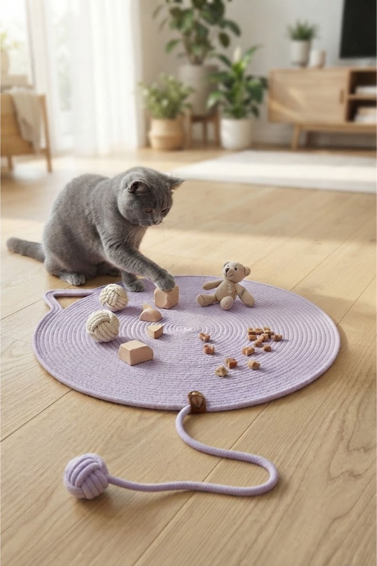 Reyo Pet El Yapımı Oyuncaklı Kedi Tırmalama Matı %100 Pamuk İpli Lila