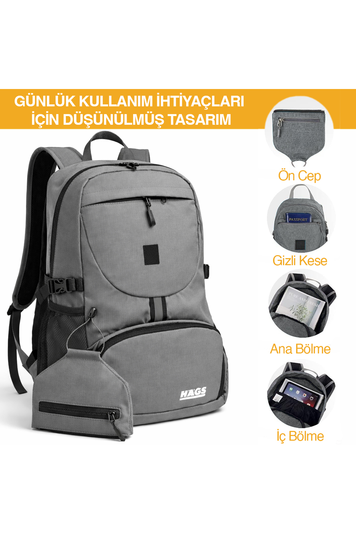 HAEGS Küçük, Hafif, Katlanabilir Günlük Sırt Çantası, Ultra Hafif Seyahat, Yürüyüş, Kamp, Günlük Kullanım Çantası, Erkek ve Kadın İçin, 20 Lt, Gri