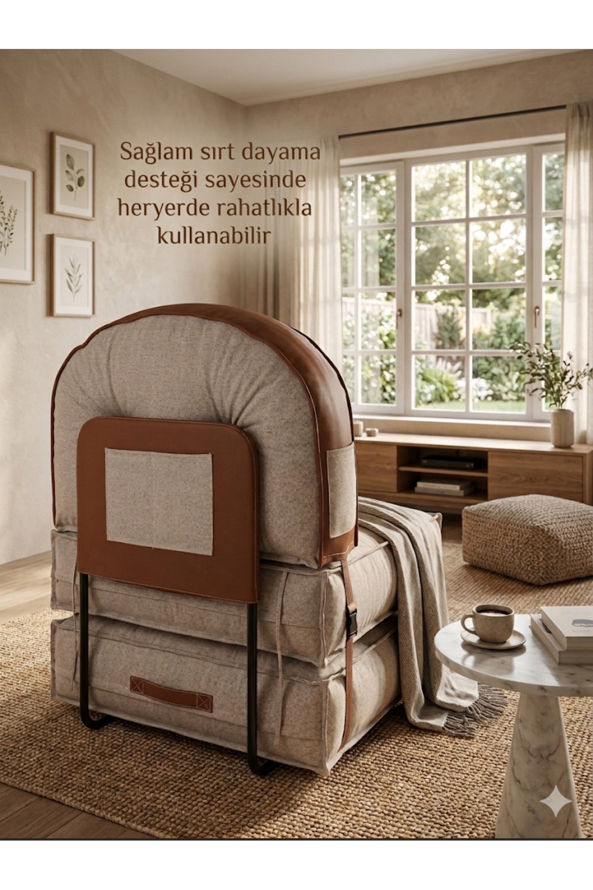 Pufymax Comfy Zen Oval Bohem Tekli Koltuk Yatak Olabilen Katlanır Berjer & Modüler Yer Yatağı 75x75x 90 cm Altın