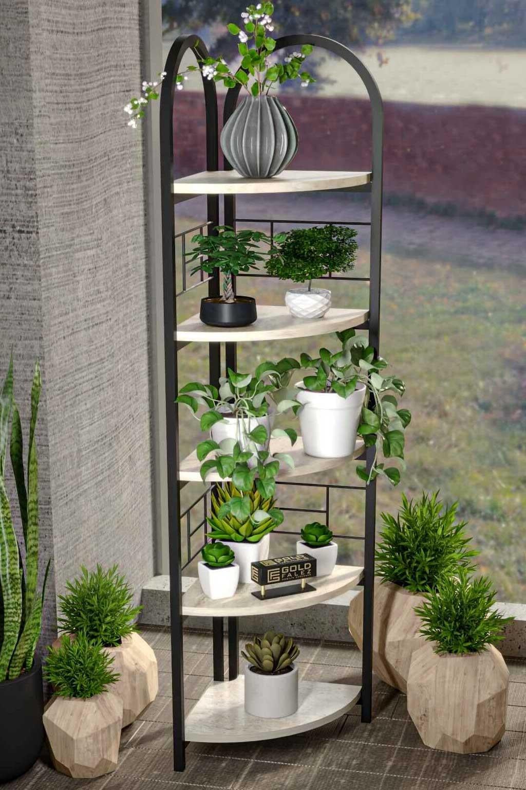Reyo Falez 5 Raflı Metal Köşe Kitaplık Dekoratif Aksesuar Rafı Çiçeklik Salon Dekoratif Çok Amaçlı Raf Traventen