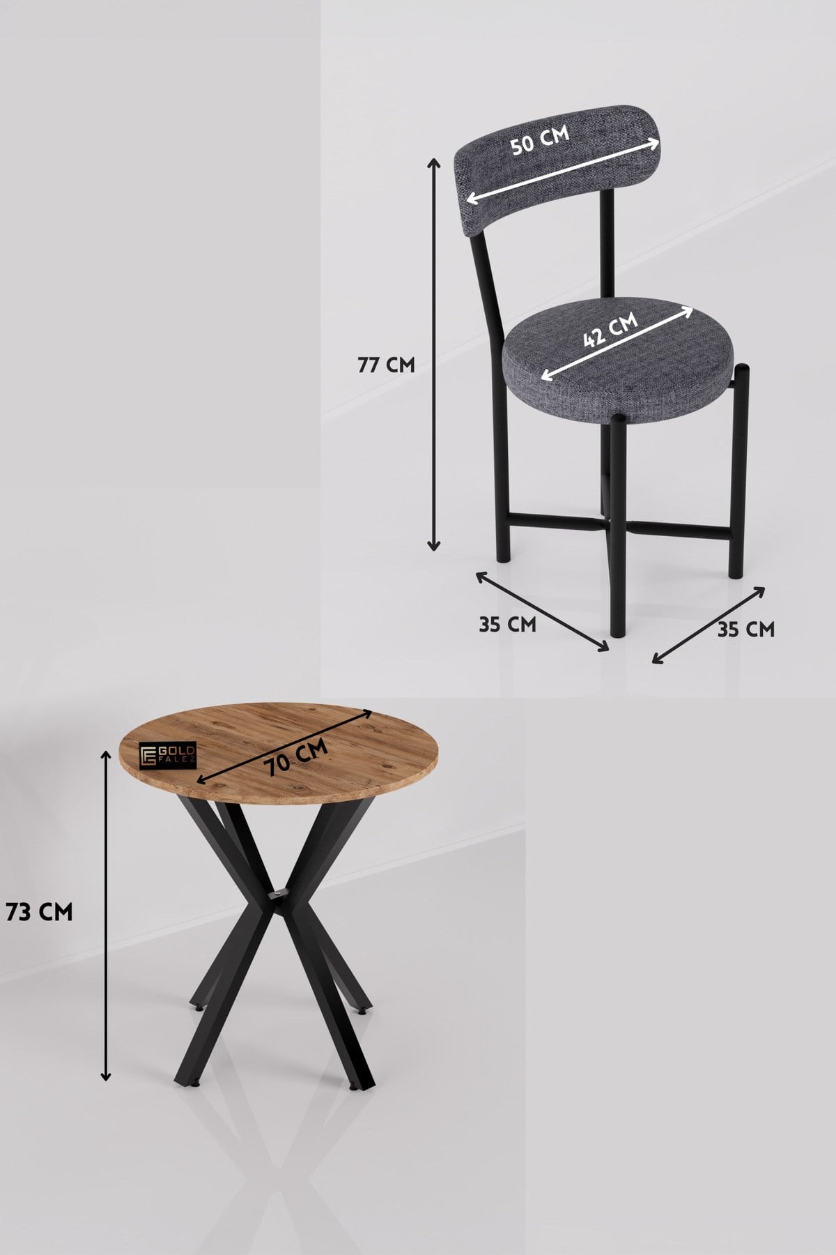Reyo Falez Teddy 70 cm Yuvarlak Mutfak Masa Takımı 2 Sandalyeli Modern Bahçe Balkon Kafe Seti Atlantik Çam-Gri 9840
