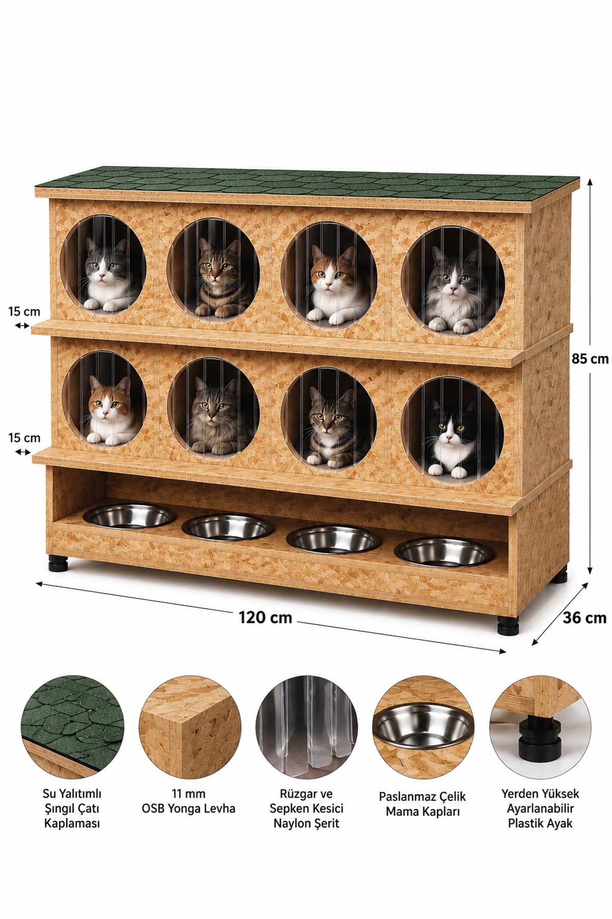 Narım 8 Bölmeli Sokak Kedileri İçin Kedi Evi, 4'lü Kedi Mama ve Su Kabı Standı, OSB Ahşap Yağmur Geçirmez Membran Kaplı Kedi Barınağı (Monteli Teslimat)