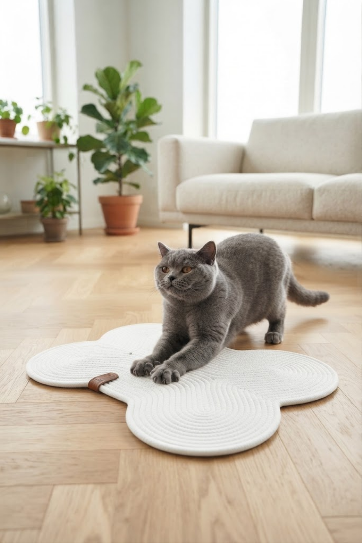 Reyo Pet El Yapımı Kemik Kedi ve Köpek Mama Matı, Kedi Tırmalama Matı, %100 Pamuk İpli - Beyaz