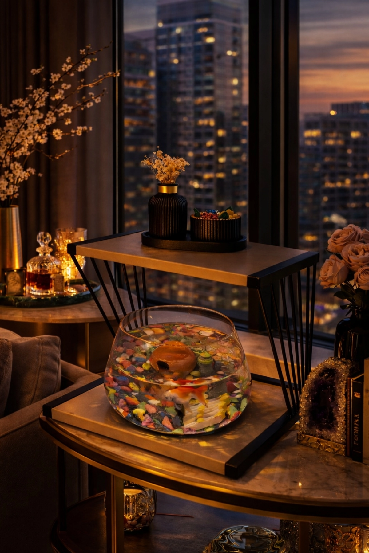Reyo OK-AY Store Exclusive Işıklı Beta Akvaryum ve Fanus Modern Tasarım LED Aydınlatmalı Modern Temalı Fanus Siyah-Ceviz