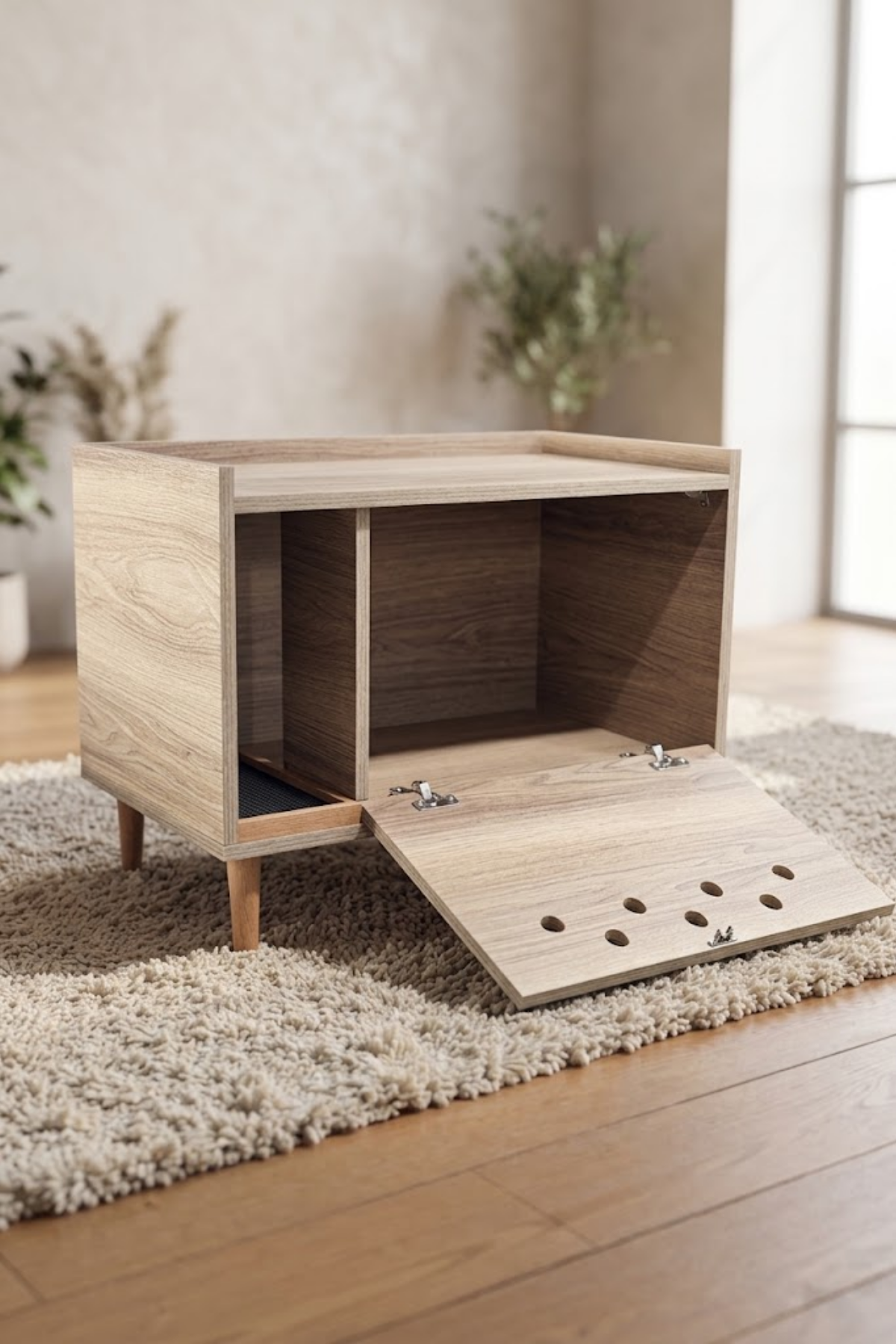 Reyo Pet Kapalı Kedi Tuvaleti Dolabı Delikli Ceviz – MDF, Ayaklı ve Modern Tasarım