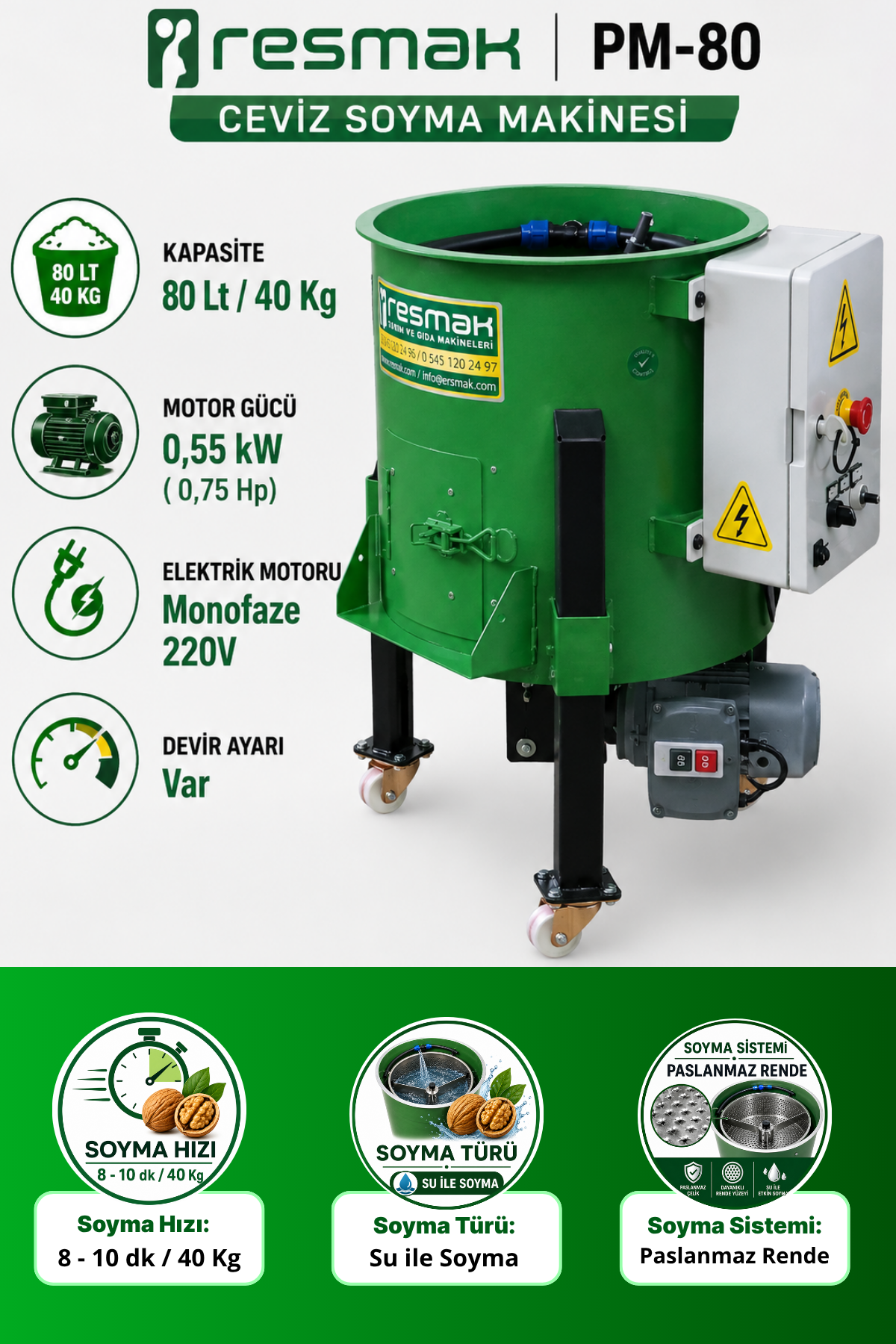 Resmak PM80A 80 Litre 40 Kg Devir Ayarlı Otomatik Çift Yönlü Dönüşlü Ceviz Soyma Makinesi