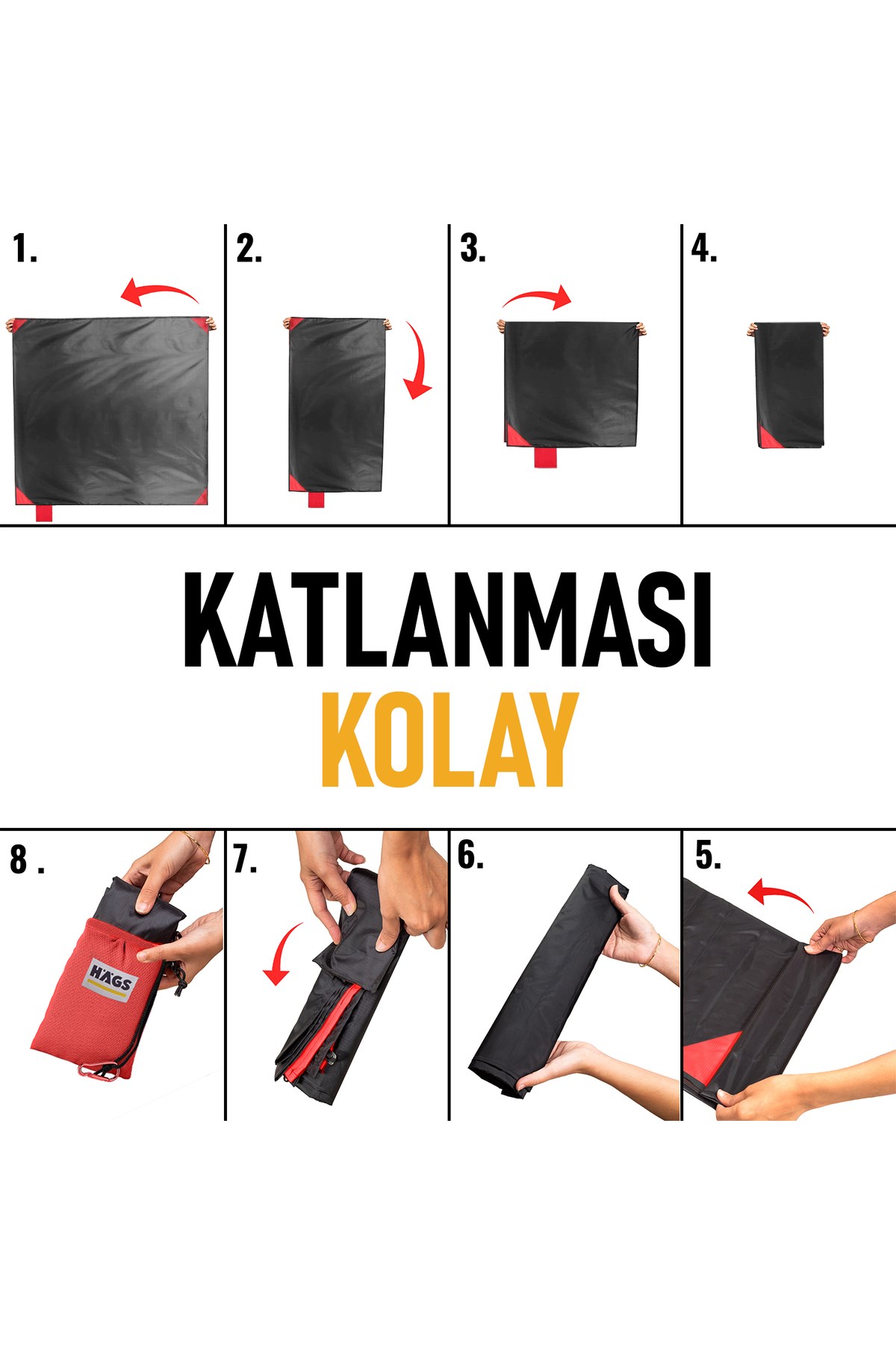 Haegs Cep Yer Örtüsü, Piknik Örtüsü Kamp Matı, Plaj Yer Örtüsü, Su Geçirmez, Kum Tutmaz, Hızlı Kurur, Hafif, Katlanabilir İnce Zemin Örtüsü Outdoor Açık Hava Kamp Yürüyüş Seyahat için - El Askılı - 150-150cm - Kırmızı