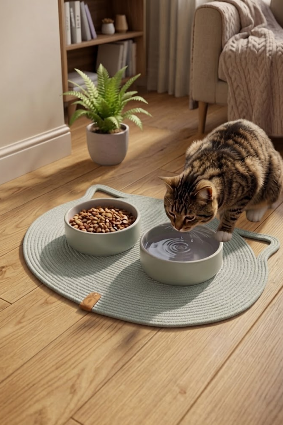 Reyo Pet El Yapımı Kedi Kulaklı Tırmalama Matı, Kedi ve Köpek Mama Matı %100 Pamuk Mint