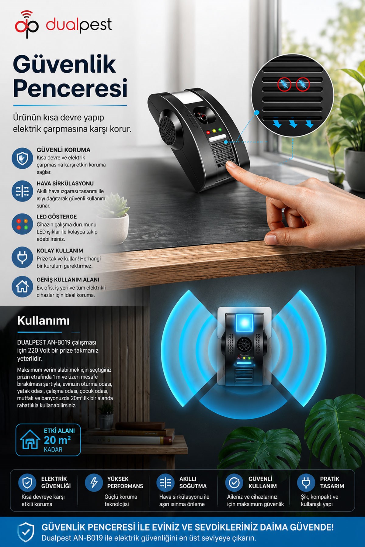 Dualpest AN-B019 Ultrasonik Fare Haşere Sinek Böcek Kovucu