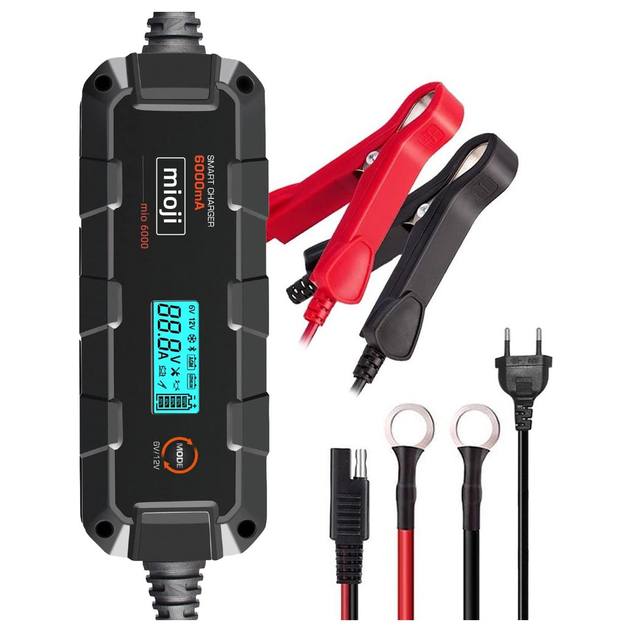 Mioji Mio 6000 6A 6V ve 12V Araba Şarj, Akü Bakım, Damlama Şarj Cihazı ve Motosiklet, ATV, Lityum ve Derin Döngülü Aküler için Kükürt Giderici Akıllı Akü Şarj Cihazı