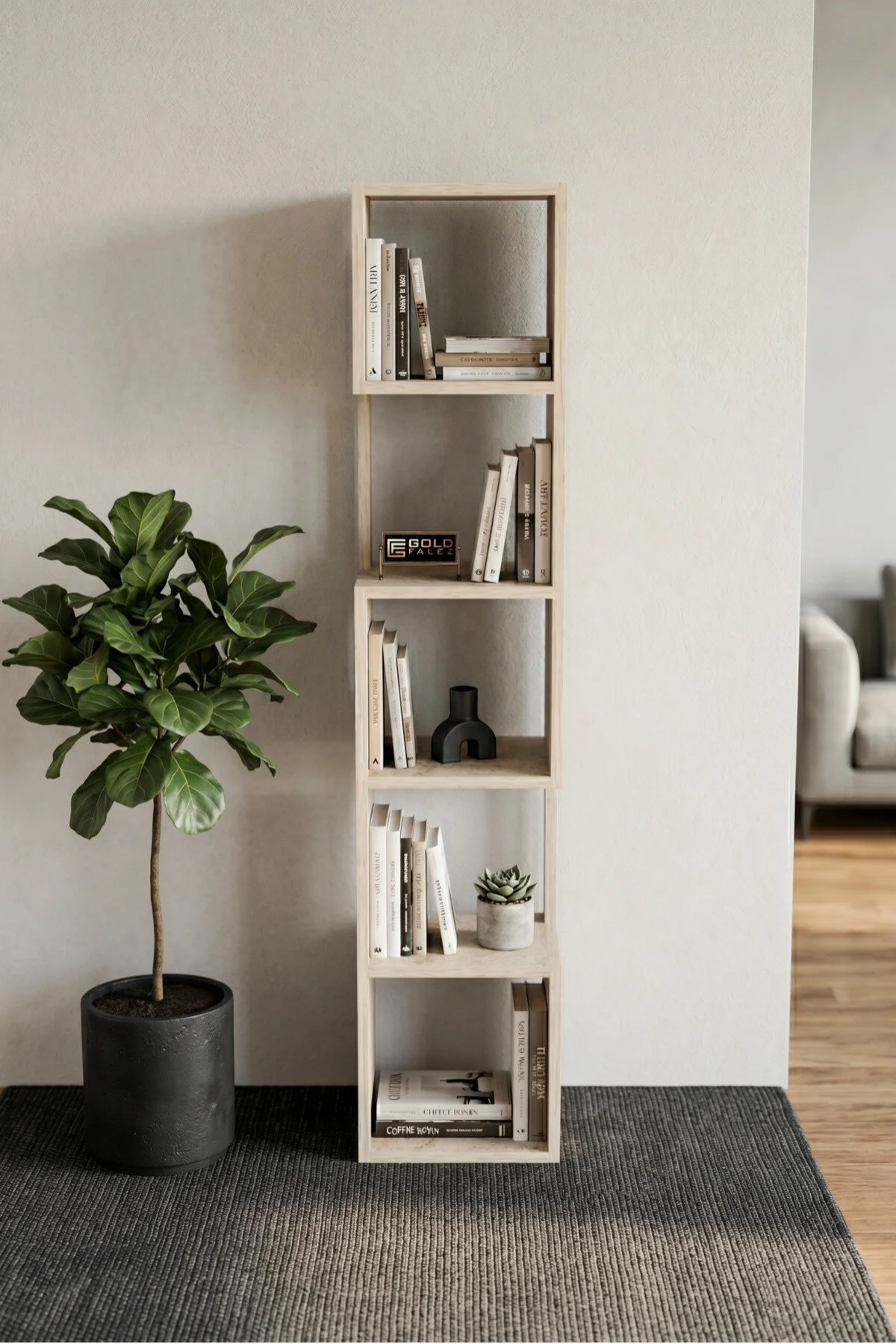 Reyo Falez Kitaplık Ahşap Dekoratif Raf 5 Katlı Modern Çok Amaçlı Kitaplık Salon Ofis Kitaplığı - Traverten 7065 