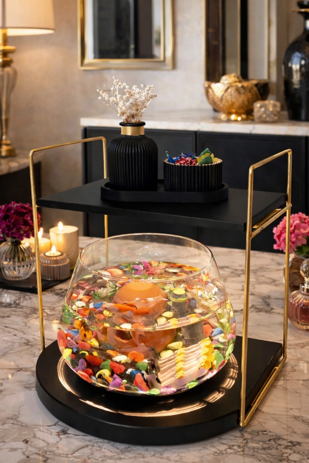 Reyo OK-AY Store Düz Raflı Işıklı Lüks Cam Fanus İçinde Beta Balığı İçin Özel Tasarım Masa Üstü Dekoratif Akvaryum Gold-Siyah