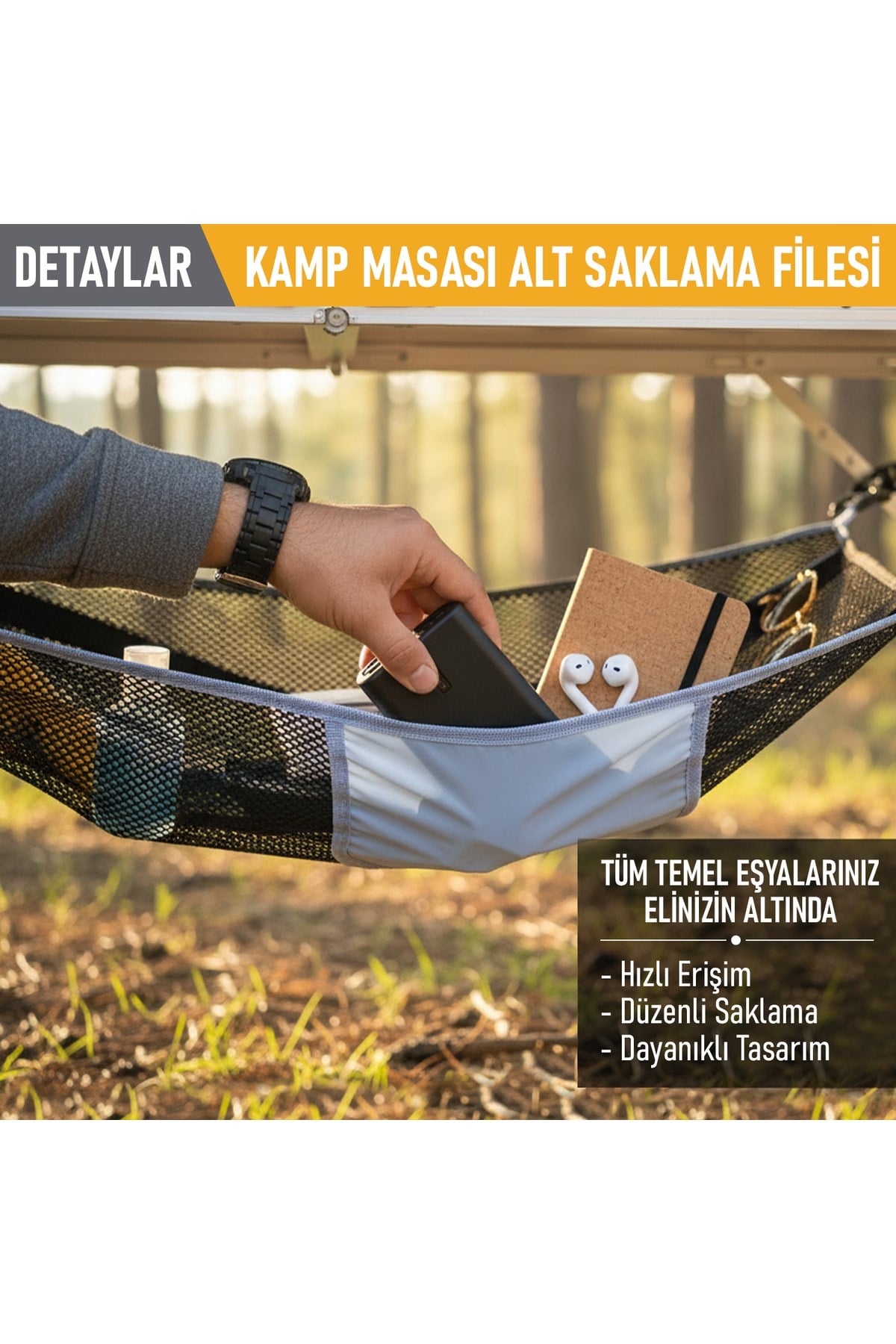 Haegs Masa Altı Saklama Filesi, Kamp için Masa Altı Eşya Depolama, Düzenleyici Organizer Kese File  XL  / 80x40 cm - Gri