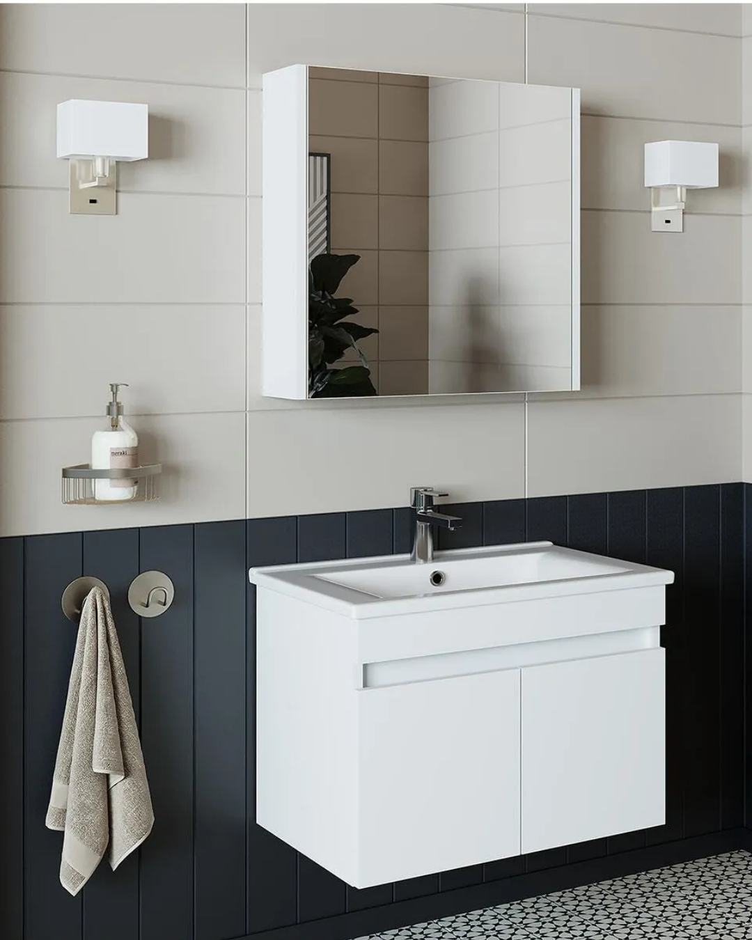 Roomart Al3 Ayaksız 2 Kapaklı Lavabolu Mdf 65 Cm Banyo Dolabı Aynalı Üst Dolabı Mat Beyaz
