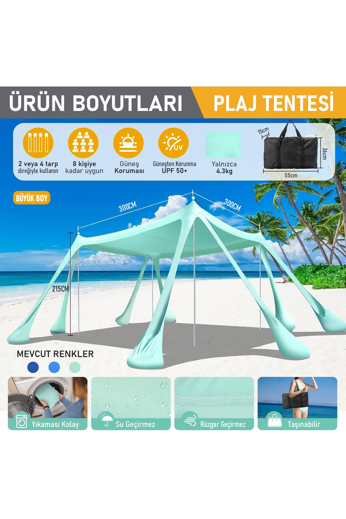 Haegs Plaj Gölgelik Tente Deniz Çadırı, Sahil Plaj Gölgeliği Kanopy, UPF50 Güneş Koruma, Açık Hava Deniz Şemsiyesi Tente Gölgelik Aile Kampı Balık Piknik için Gölgelik, 300x300cm Açık Mavi