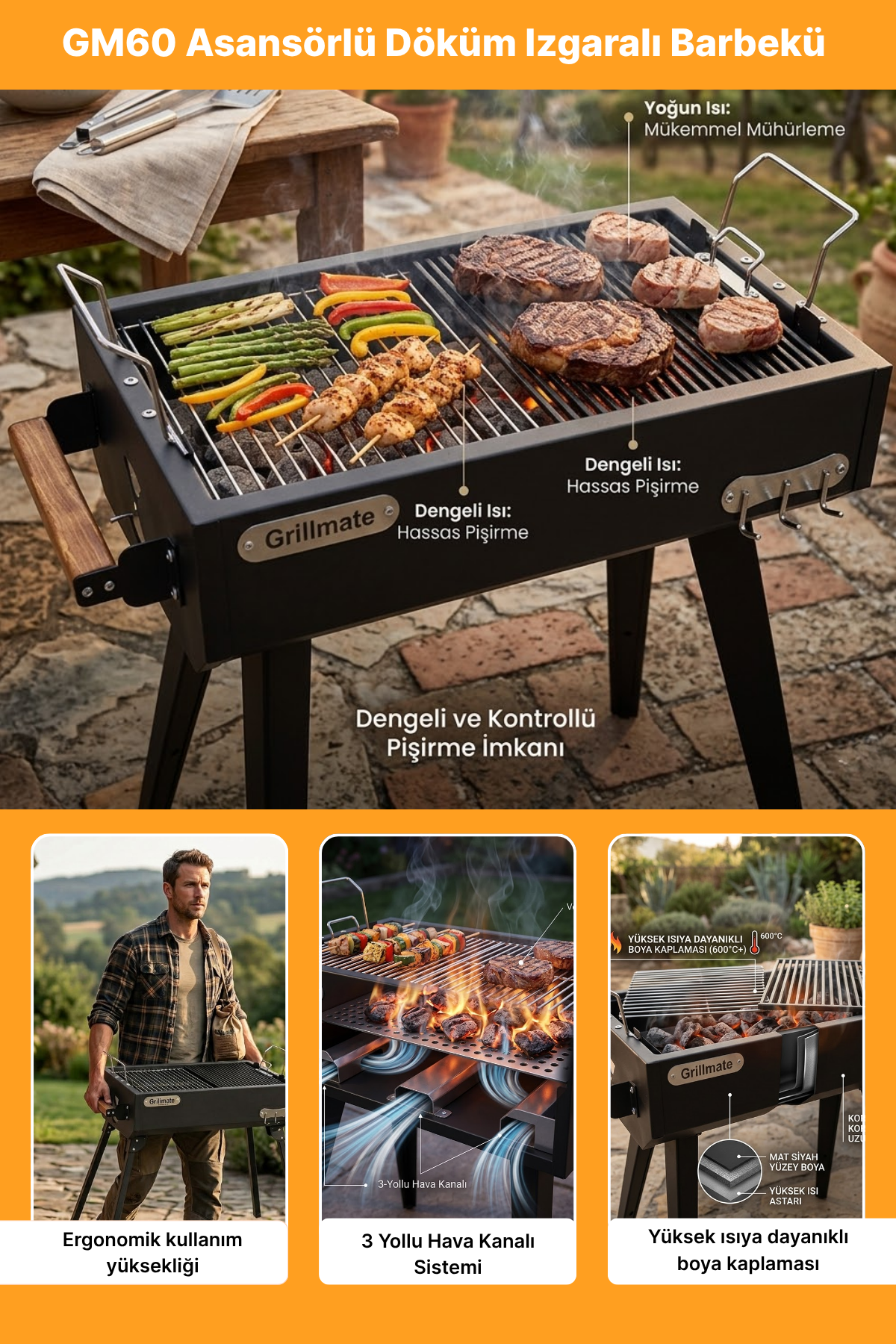 Grillmate GM60 Asansörlü Döküm Izgaralı Barbekü Mangal