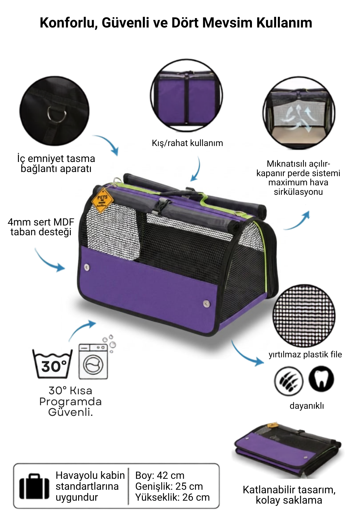 Reyo Brave Paws Flybag Plastik Yırtılmaz Fileli Kedi Ve Köpek Taşıma Çantası Seyahat Çantası Mor 45x25x26cm