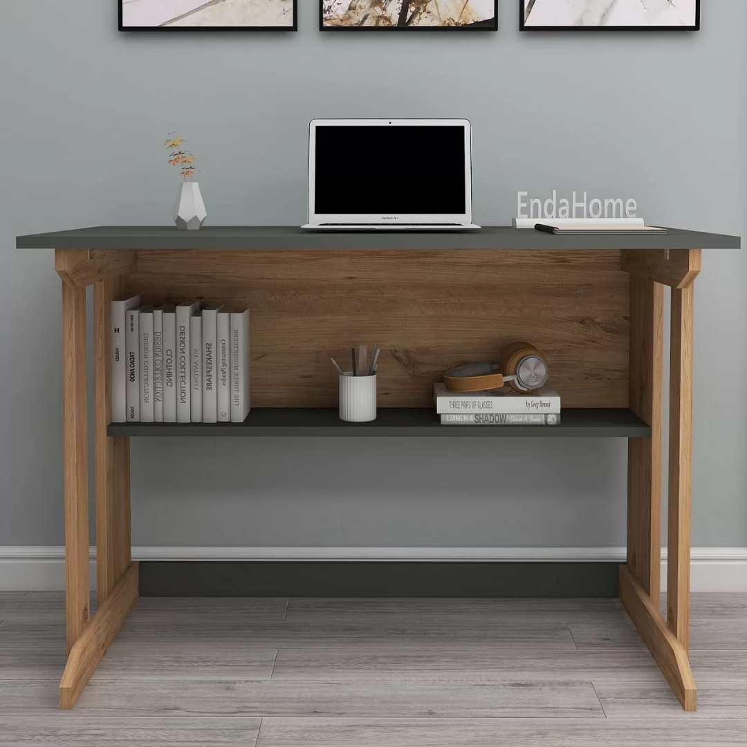 Enda Home Pillar Kütüphaneli Geniş Çalışma Masası 100x56 Cm Çam - Antrasit